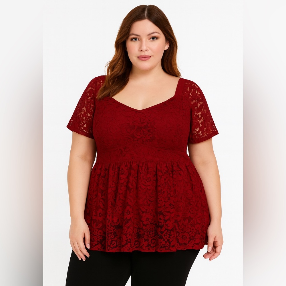 Torrid Plus 4X Red Lace V-Neck Peplum Top NWT Puff Sleeve